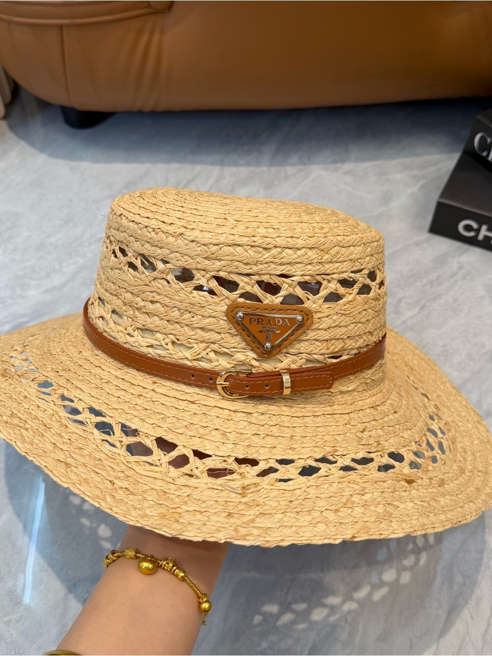 Prada Natural Straw Sun Hat with Tan Leather Band